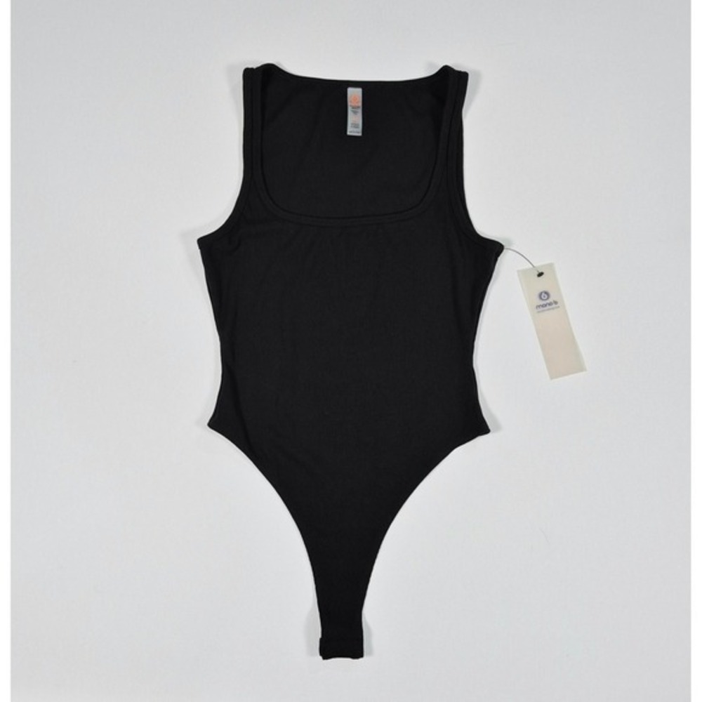 Mono B Black Ribbed Square Neck Sleeveless Bodysuit Womens Medium NEW